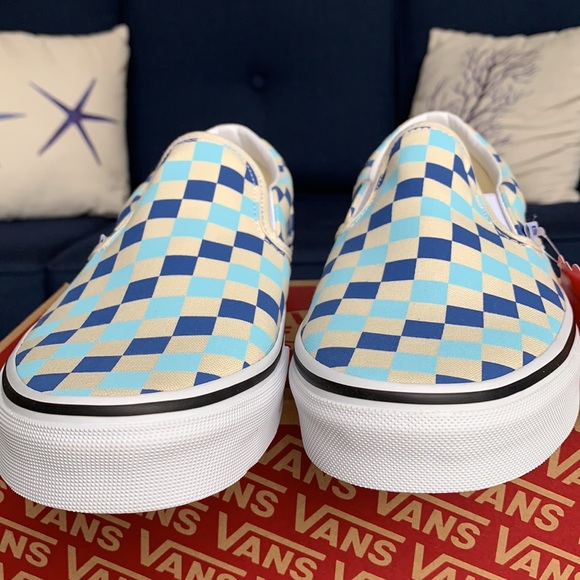 VANS Men’s CLASSIC SLIP ON CHECKERBOARD BLUE TOPAZ Sneakers - Picture 13 of 16